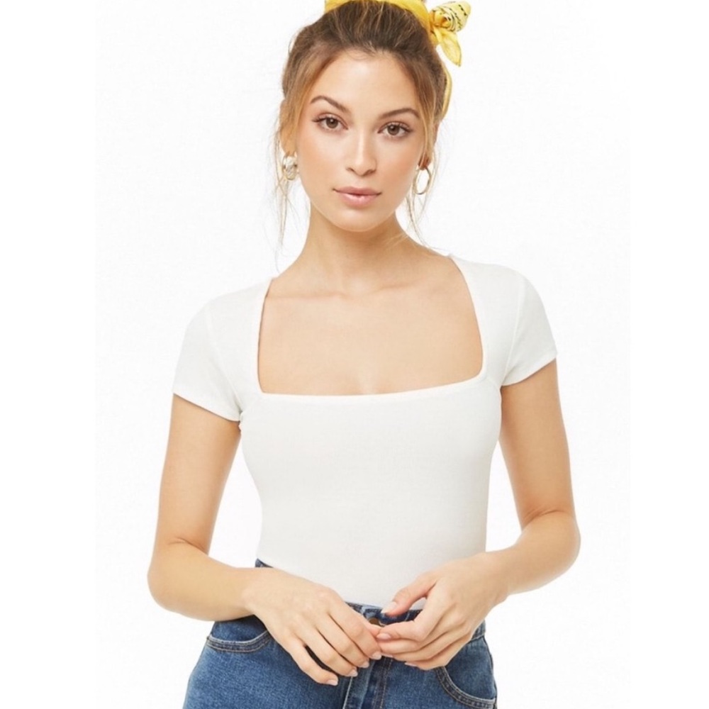 White ribbed square neck cut bodysuit